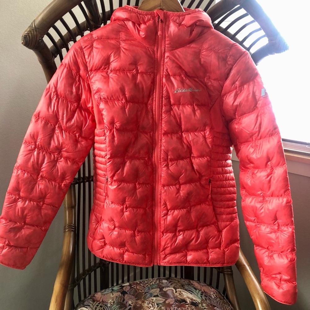 Eddie Bauer First Ascent Down Jacket with Hood, Sought after coral color!